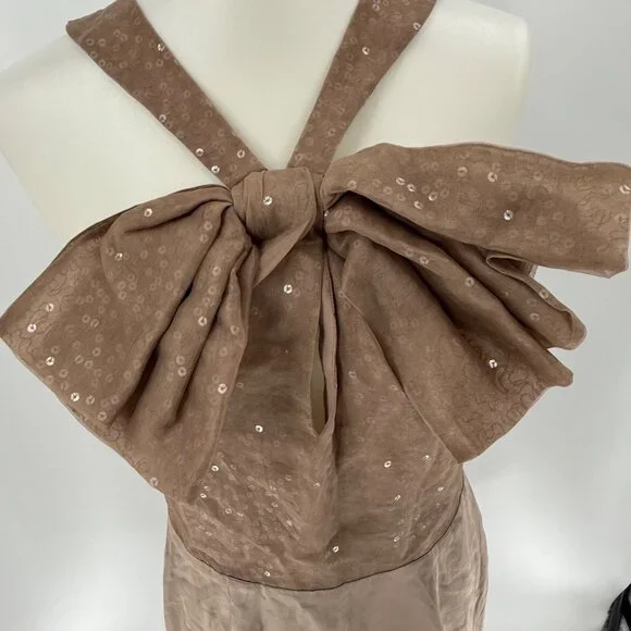 Sheri Bodell Womens M Brown Silk Bow Sequin Halter Dress, M - Picture 8 of 11